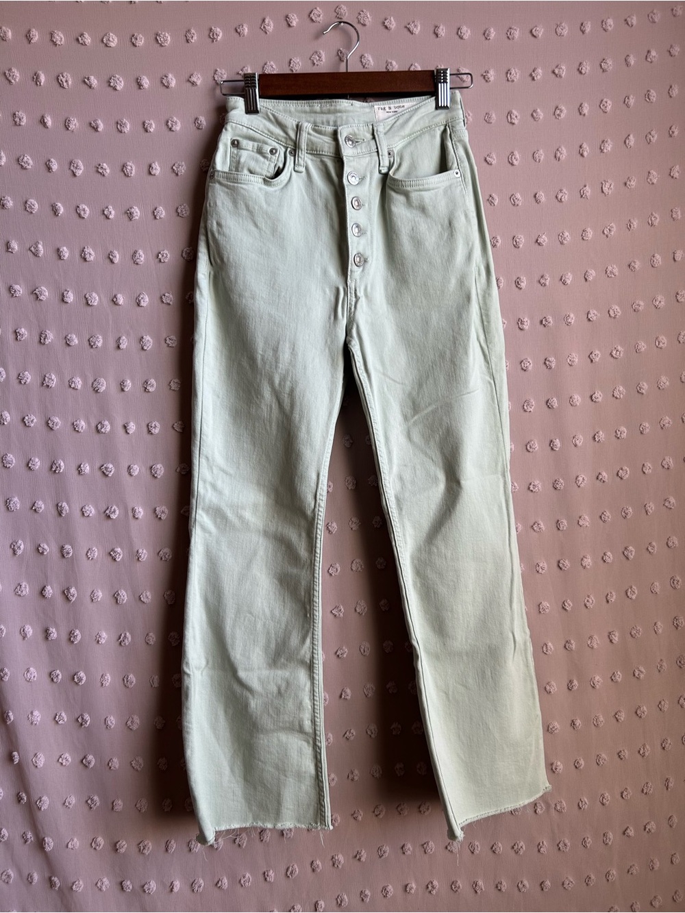 Rag & Bone High Rise Casey Flare Jeans Button Fly Sz 25 Mint Green